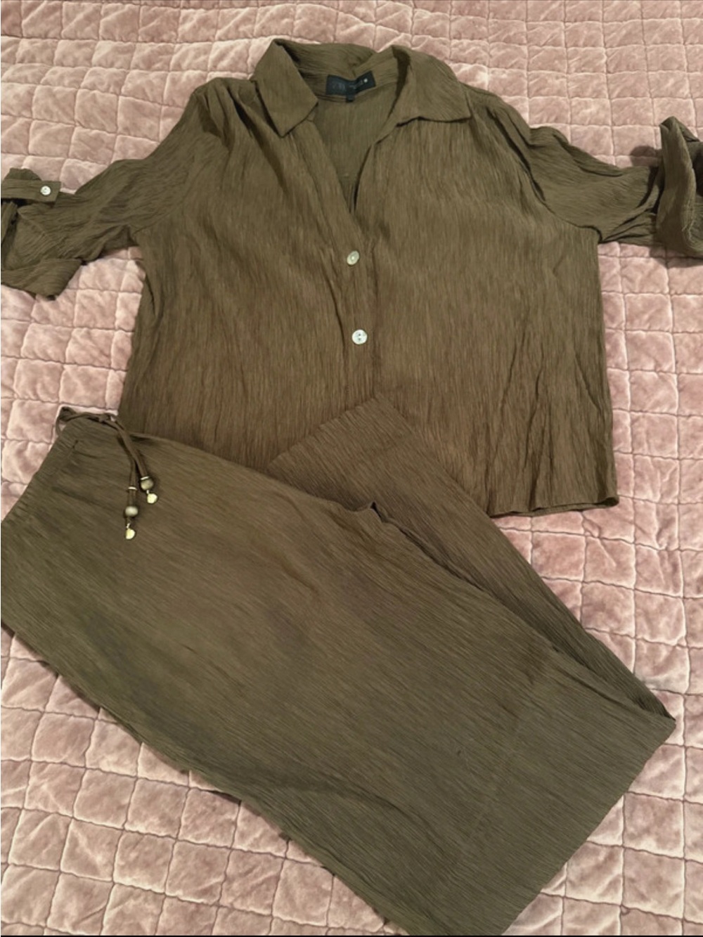 Zara Olive-Tone Button Front Two-Piece CO-ORD Set